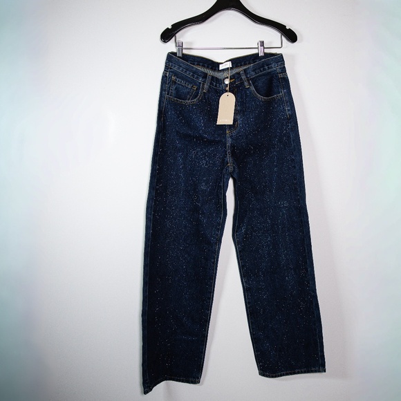 Meshki Denim - NEW Meshki Laina Mid Rise Diamante Jewel Crystal Denim Jeans Midnight Blue 8
